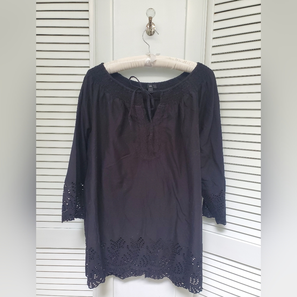 Ellos 1X Black Eyelet And Lace Tunic Top